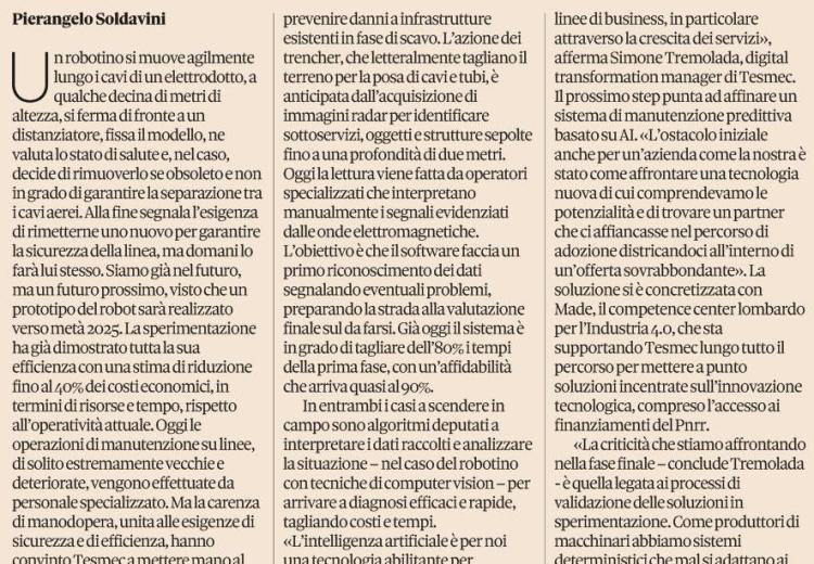 Dall'articolo di Pierangelo Soldavini di Il Sole 24 Ore di venerdì 17 gennaio 2025: Viaggio nell’ IA delle imprese / Tesmec